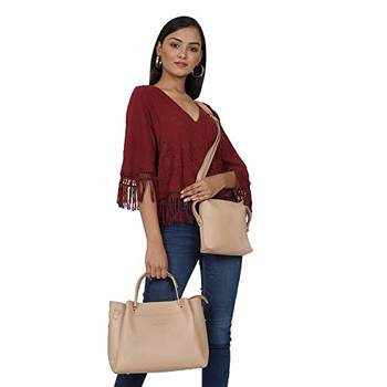 Beige Solid Handheld Bag with Sling Bag 4