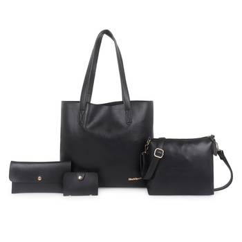 Women Black Shopper Tote Bag With Sling , Pouch & Card Holder 1
