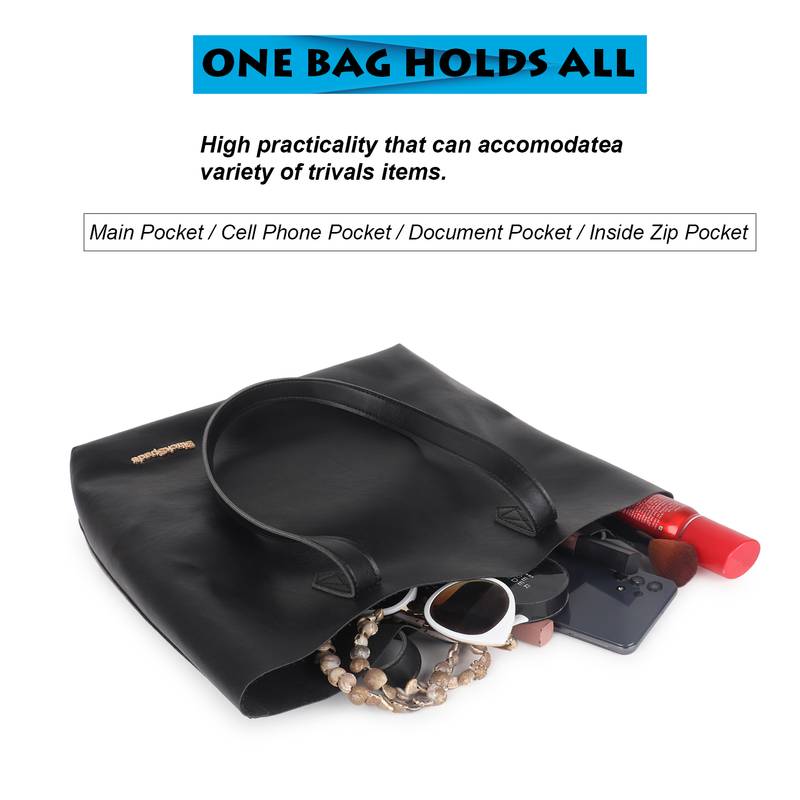Women Black Shopper Tote Bag With Sling , Pouch & Card Holder
