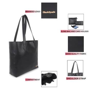Women Black Shopper Tote Bag With Sling , Pouch & Card Holder 5