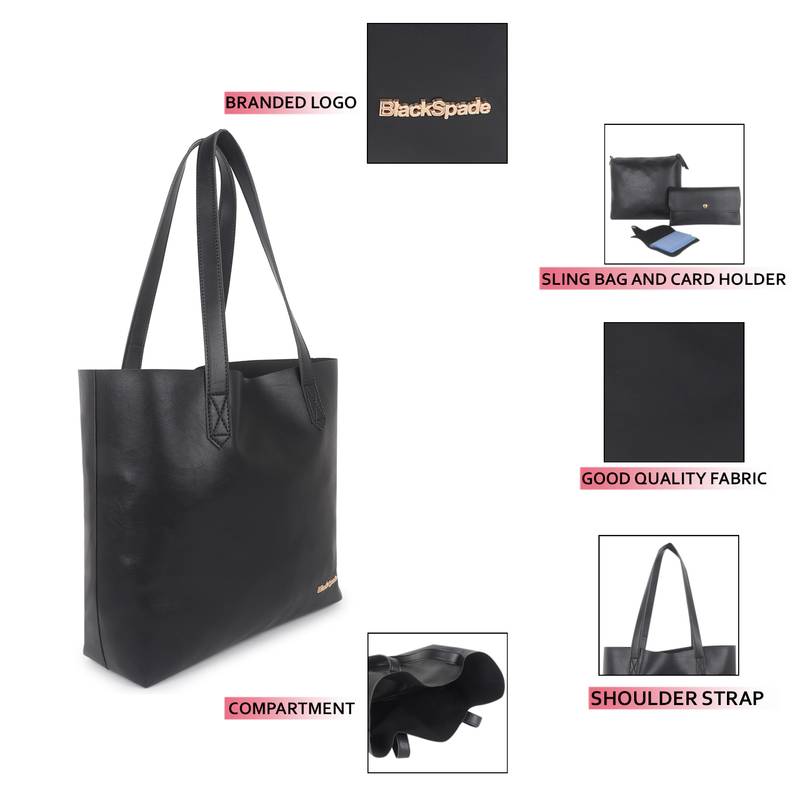 Women Black Shopper Tote Bag With Sling , Pouch & Card Holder