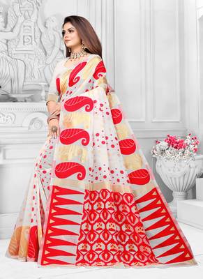 White Woven Cotton Saree With Blouse 2