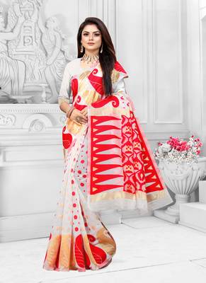 White Woven Cotton Saree With Blouse 3
