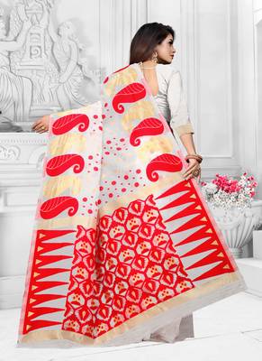 White Woven Cotton Saree With Blouse 4