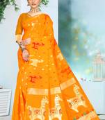 Yellow Woven Cotton Saree With Blouse