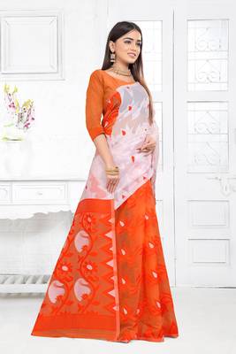 Red Woven Cotton Saree With Blouse 3