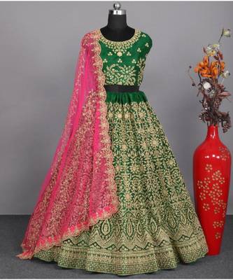 Grass Green Heavy Zarkan Velvet Wedding Wear Lehenga Choli 1