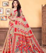 Beige woven cotton saree with blouse