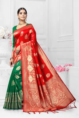 Red woven silk saree with blouse 1