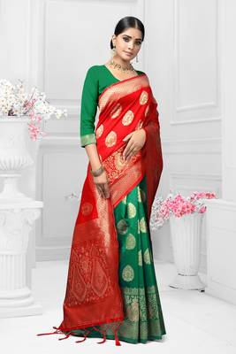 Red woven silk saree with blouse 3