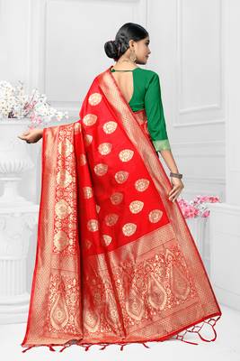 Red woven silk saree with blouse 4