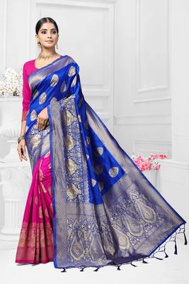Royal blue woven silk saree with blouse 1