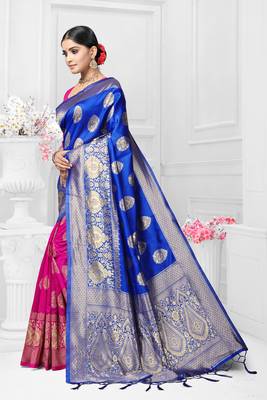 Royal blue woven silk saree with blouse 2
