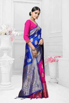 Royal blue woven silk saree with blouse 3