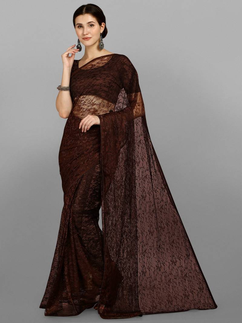 Brown Woven Net Saree With Blouse