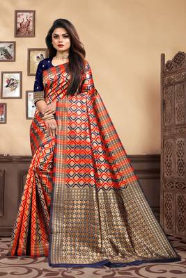 Navy Blue Woven Silk Blend Saree With Blouse 1