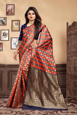 Navy Blue Woven Silk Blend Saree With Blouse 2
