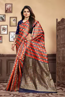 Navy Blue Woven Silk Blend Saree With Blouse