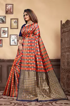 Navy Blue Woven Silk Blend Saree With Blouse