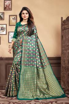 Turquoise Woven Silk Blend Saree With Blouse