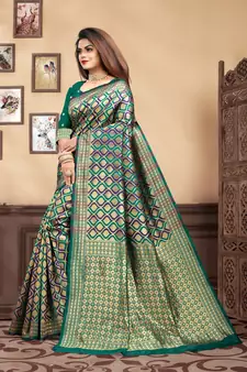 Turquoise Woven Silk Blend Saree With Blouse