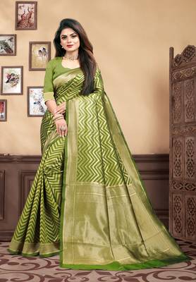 Mehendi Woven Silk Blend Saree With Blouse 1