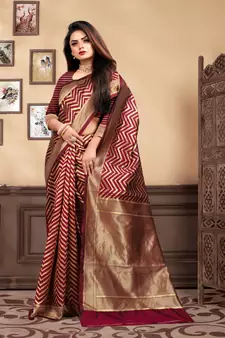 Maroon Woven Silk Blend Saree With Blouse