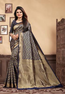 Navy Blue Woven Silk Blend Saree With Blouse 1
