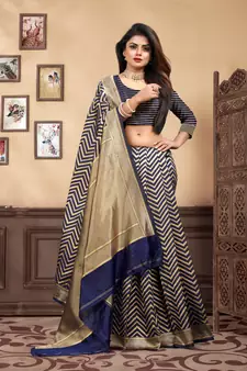Navy Blue Woven Silk Blend Saree With Blouse