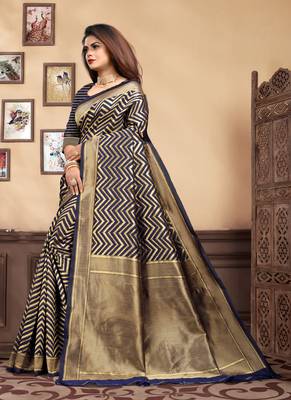 Navy Blue Woven Silk Blend Saree With Blouse 3