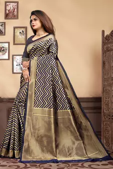 Navy Blue Woven Silk Blend Saree With Blouse