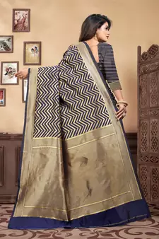 Navy Blue Woven Silk Blend Saree With Blouse