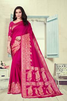 Magenta Woven Silk Blend Saree With Blouse