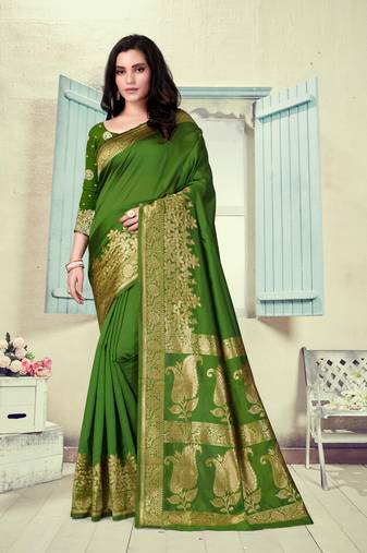 Mehendi Woven Silk Blend Saree With Blouse