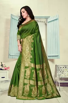 Mehendi Woven Silk Blend Saree With Blouse