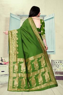 Mehendi Woven Silk Blend Saree With Blouse 5