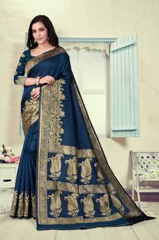 Dark Blue Woven Silk Blend Saree With Blouse
