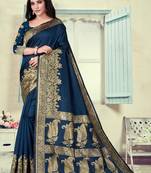 Dark Blue Woven Silk Blend Saree With Blouse