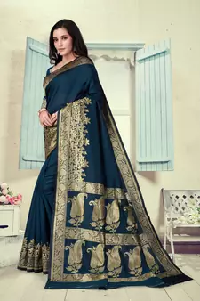 Dark Blue Woven Silk Blend Saree With Blouse
