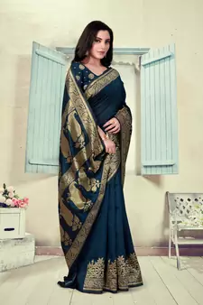 Dark Blue Woven Silk Blend Saree With Blouse