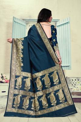 Dark Blue Woven Silk Blend Saree With Blouse 4