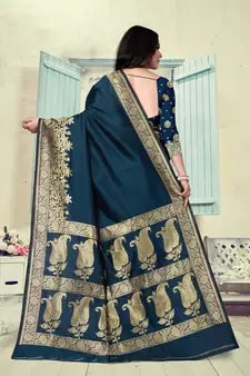 Dark Blue Woven Silk Blend Saree With Blouse