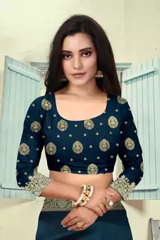 Dark Blue Woven Silk Blend Saree With Blouse