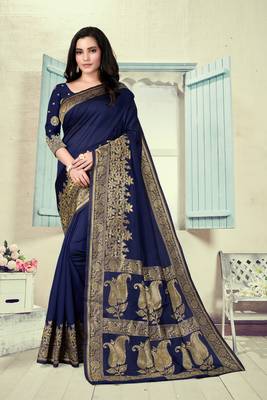 Navy Blue Woven Silk Blend Saree With Blouse 1
