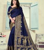 Navy Blue Woven Silk Blend Saree With Blouse
