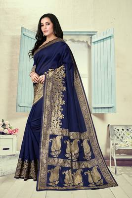 Navy Blue Woven Silk Blend Saree With Blouse 2