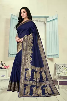 Navy Blue Woven Silk Blend Saree With Blouse