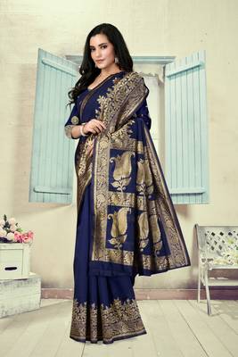 Navy Blue Woven Silk Blend Saree With Blouse 3