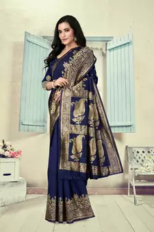 Navy Blue Woven Silk Blend Saree With Blouse