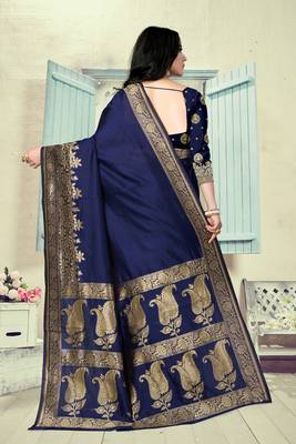Navy Blue Woven Silk Blend Saree With Blouse 4
